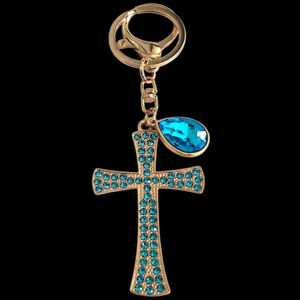 Light Blue Crystal Cross Bag Charm / Keychain with Teardrop Charm